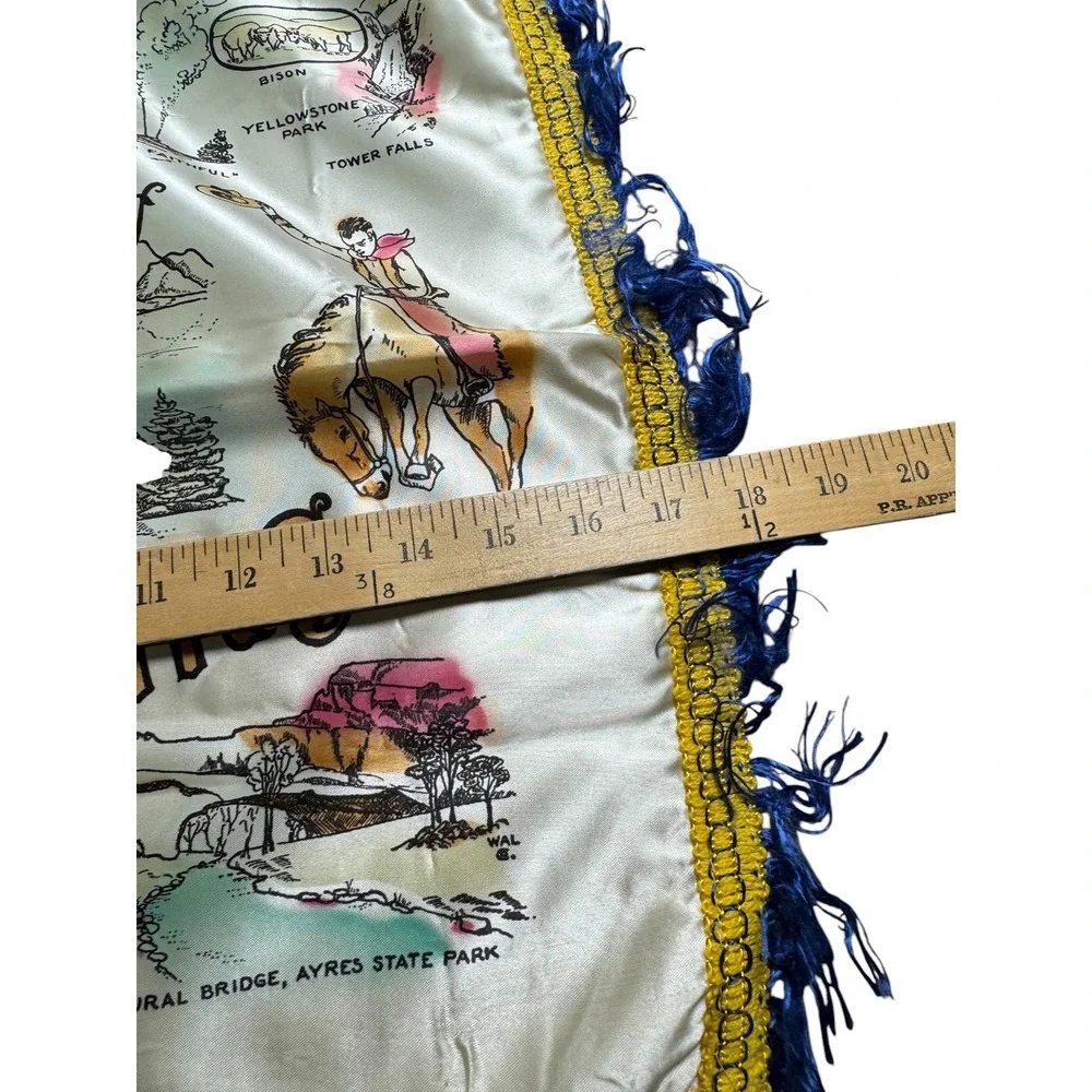 Vintage Wyoming Souvenir Satin Pillow Cover Fringe Yellowstone Western 50's 60's